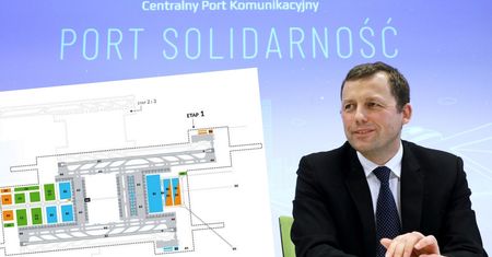 Centralny Port Komunikacyjny.  Pokazano wstępny plan budowy megalotniska