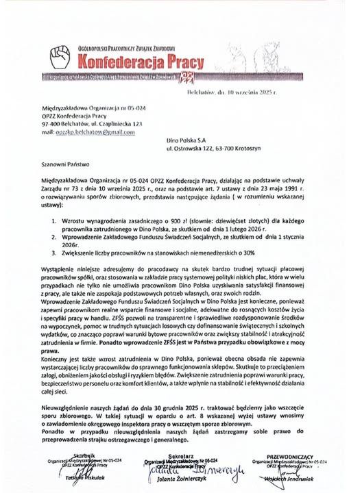 Pismo udostępnione przez związkowców 