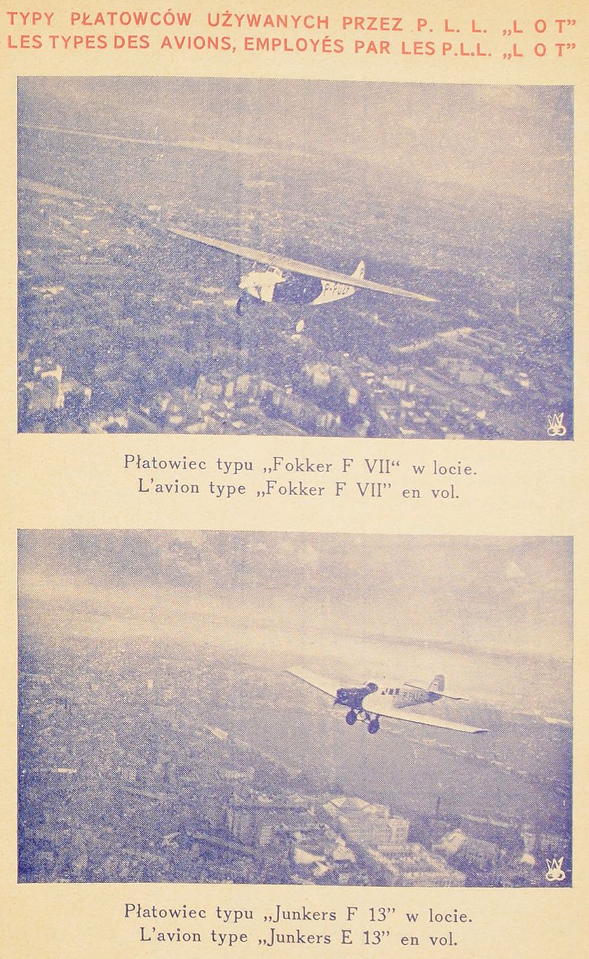 Zdjęcia samolotów będących na wyposażeniu Polskich Linii Lotniczych LOT w 1930 roku zamieszczone w rozkładzie lotów