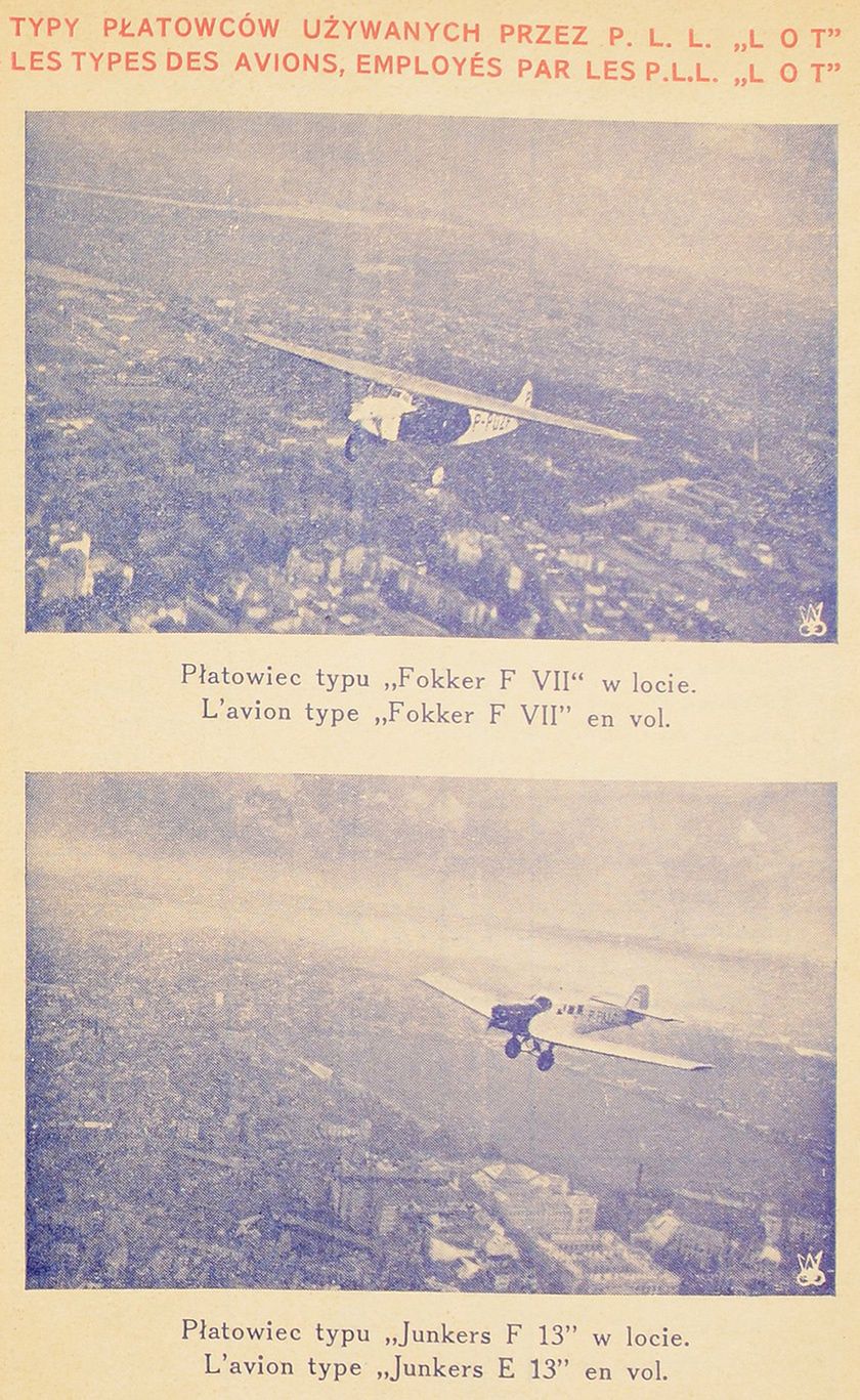 Zdjęcia samolotów będących na wyposażeniu Polskich Linii Lotniczych LOT w 1930 roku zamieszczone w rozkładzie lotów