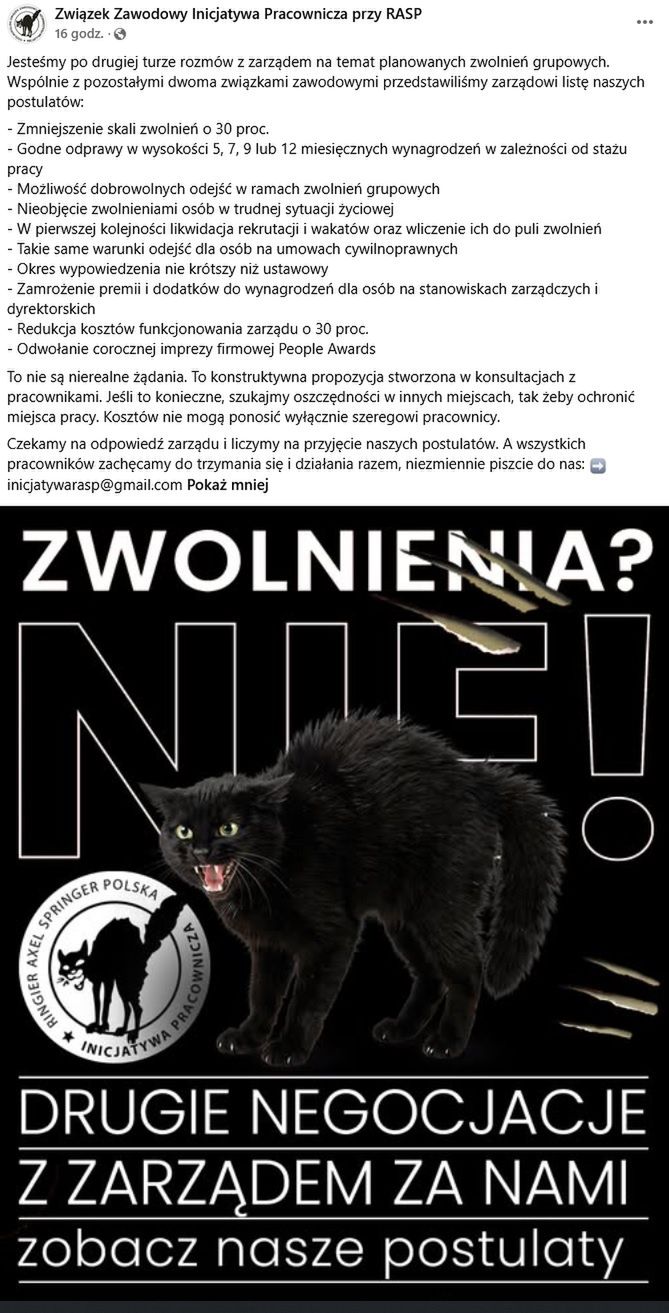 Wpis facebookowy Inicjatywy Pracowniczej