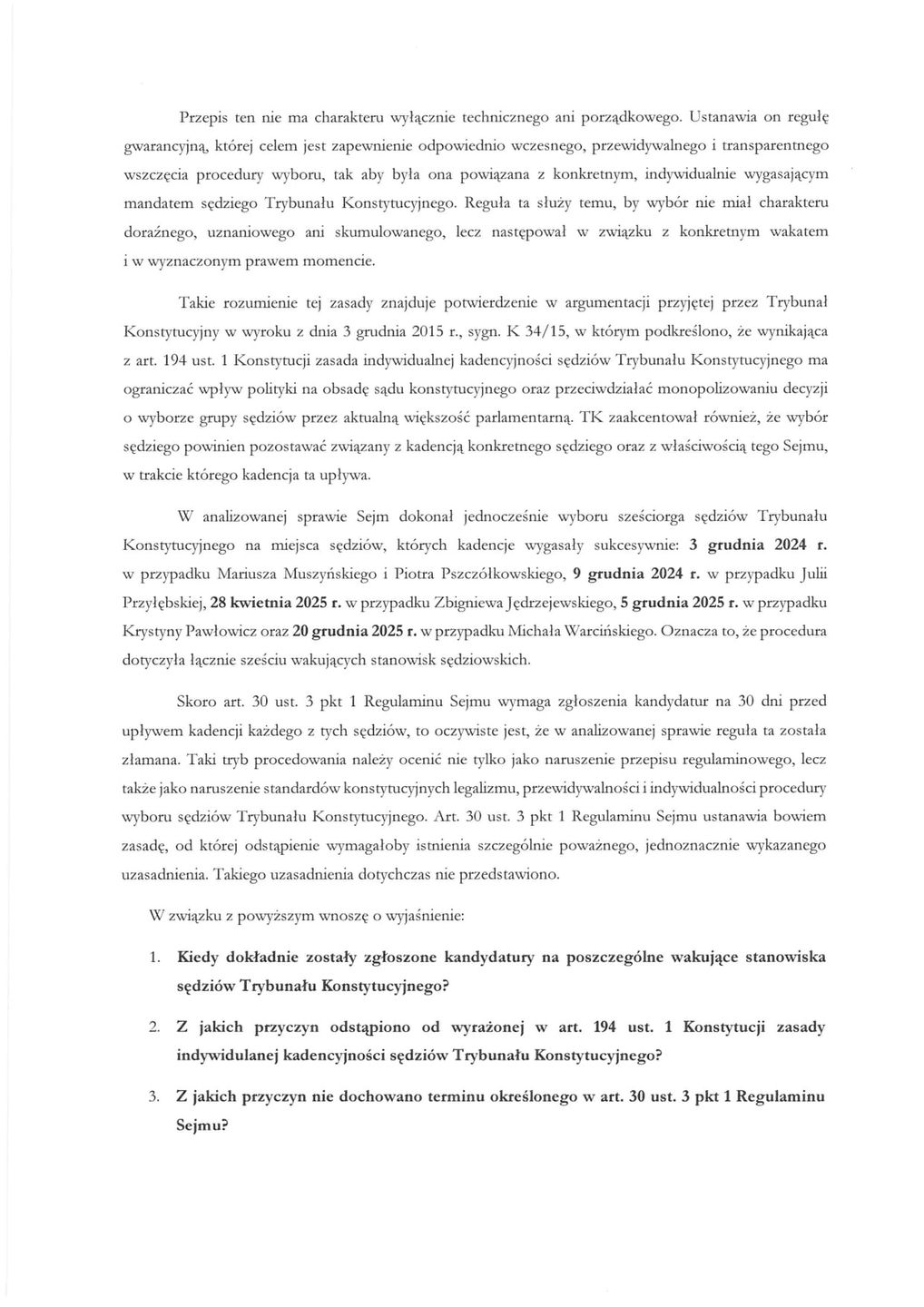 Pismo prezydenta do marszałka Sejmu ws. TK