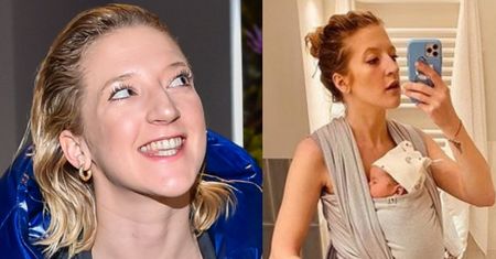 Lara Gessler w kapciach z futerkiem pracuje na "home office" z córką na brzuchu