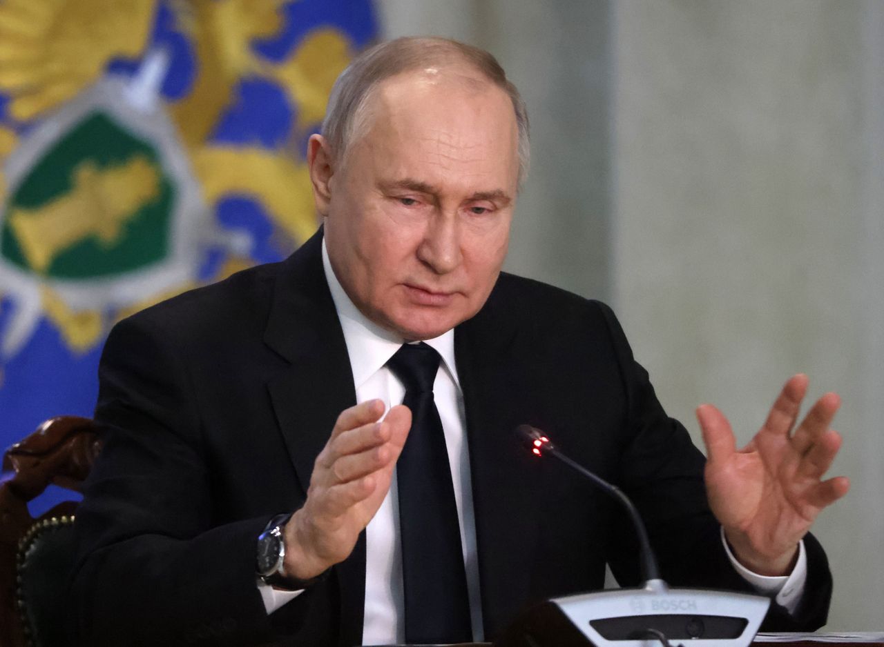 MOSCOW, RUSSIA - MARCH 26: (RUSSIA OUT) Russian President Vladimir Putin talks during an annual expanded Prosecutor General's Office meeting, on March 26, 2024 in Moscow, Russia. Over 100 people were killed by gunmen during a concert of a local rock band at the Crocus City Hall last week. (Photo by Getty Images)