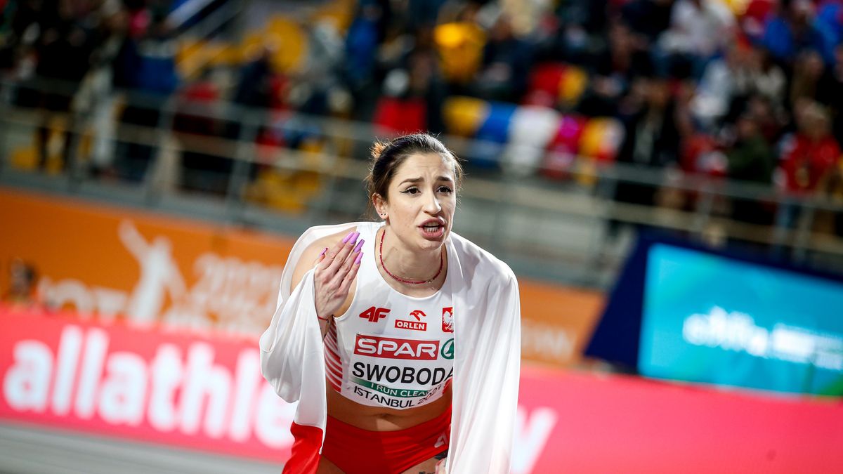 ISTANBUL, TURKEY - MARCH 03: Ewa Swoboda of Poland reacts in 60m Women Final race during the European Athletics Indoor Championships - Day 1 on March 3, 2023 in Istanbul, Turkey. (Photo by Nikola Krstic/MB Media/Getty Images)