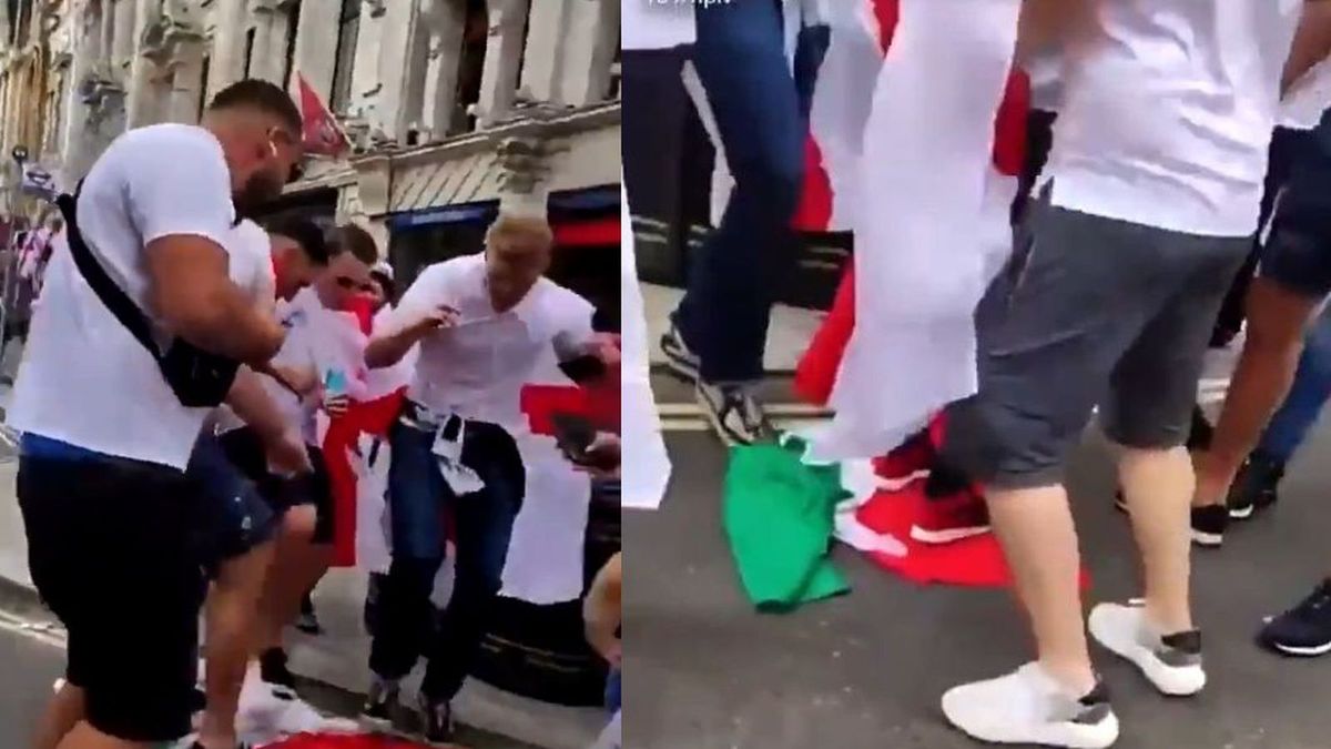 Zdjęcie okładkowe artykułu: Twitter / giota / Na zdjęciu: angielscy kibice znieważają włoską flagę