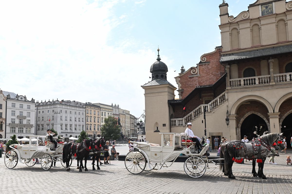 Dorożki czekające na turystów pod Sukiennicami na Rynku Głównym 