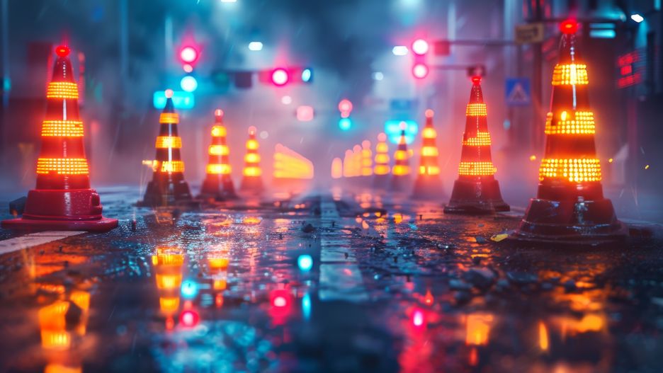 Conceptualize a neon exhibit of road construction symbols, including shining detour signs, sparkling construction cones, and glowing work zone warnings. --ar 16:9 --stylize 999 Job ID: 7a734658-1a77-4f5a-b7c8-f19596dd4add
jovannig
night, traffic, lighting equipment, car, dark, illuminated, reflection, dusk, architecture, city street, outdoors, city life, transportation, blue, backgrounds, cityscape, danger, motion, water, glowing, lantern, bright, construction industry, no people, striped, nightlife, abstract, travel, famous place, sign, built structure, blurred motion, street light, equipment, wet, speed, vibrant color, defocused, christianity, symbol, yellow, rain, in a row, nature, crash, fog, asphalt, industry, decoration, night, traffic, lighting equipment, car, dark, illuminated, reflection, dusk, architecture, city street, outdoors, city life, transportation, blue, backgrounds, cityscape, danger, motion, water, glowing, lantern, bright, construction industry, no people, striped, nightlife, abstract, travel, famous place, sign, built structure, blurred motion, street light, equipment, wet, speed, vibrant color, defocused, christianity, symbol, yellow, rain, in a row, nature, crash, fog, asphalt, industry, decoration