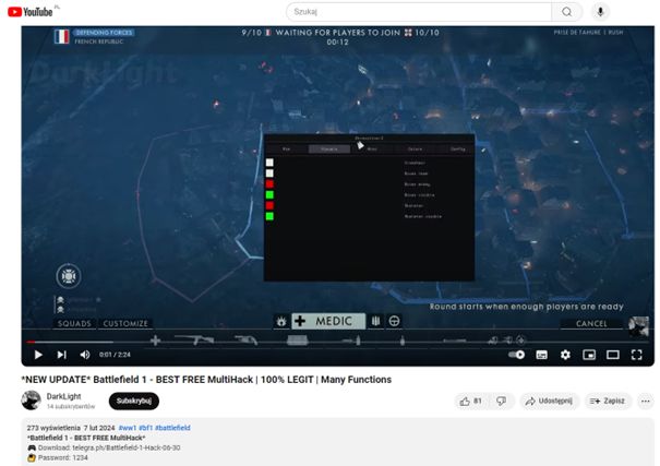 Przykładowy crack polecany w filmie na YouTubie
