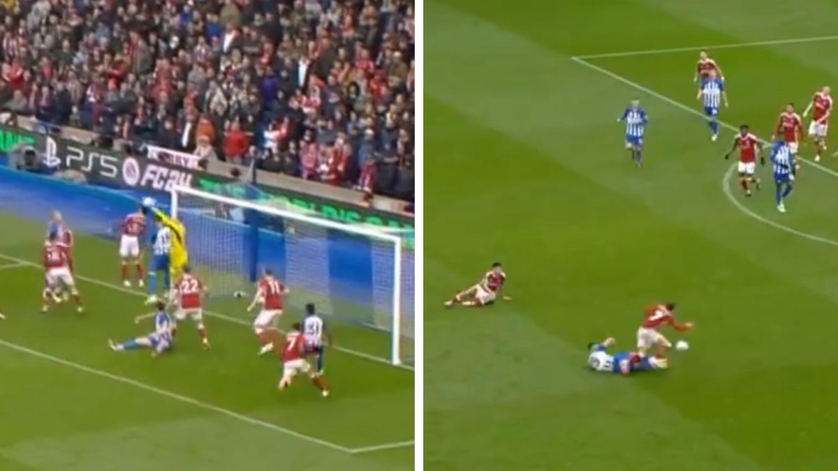 Twitter / Viaplay / Jakub Moder był o krok od bramki, a później mógł wylecieć z boiska