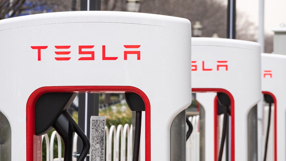 BEIJING, CHINA - MARCH 17: Tesla Superchargers are seen at a charging station on March 17, 2023 in Beijing, China. (Photo by VCG/VCG via Getty Images)