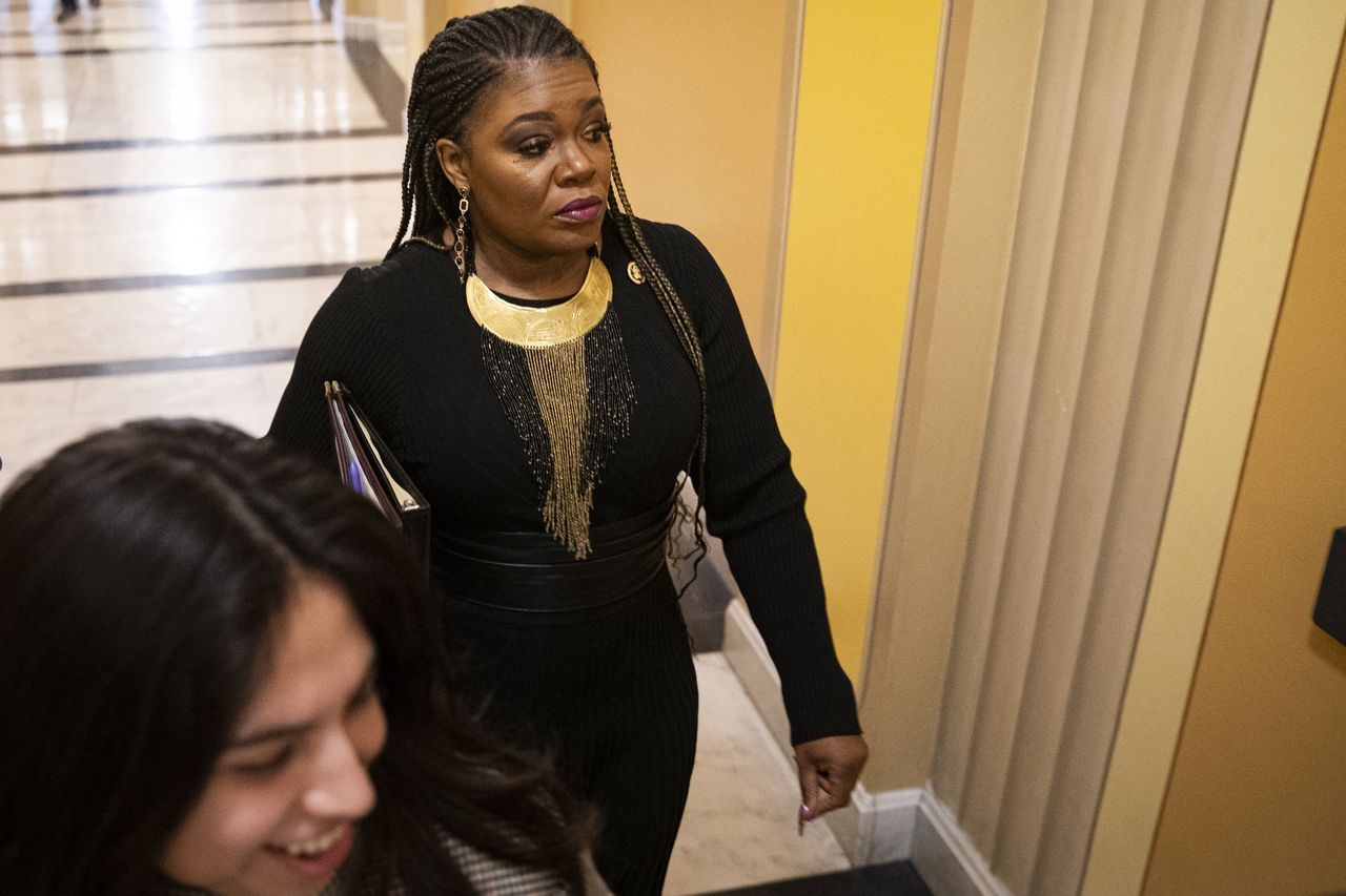 Representative Cori Bush, a Democrat from Missouri, arrives for a vote at the US Capitol in Washington, DC, US, on Tuesday, Jan. 30, 2024. Bush disputed allegations that she misused government funds meant for private security, even as she confirmed she's under criminal investigation by the Justice Department. Photographer: Al Drago/Bloomberg via Getty Images