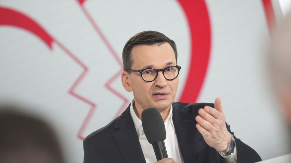 Former de facto leader of Poland Jaroslaw Kaczynski and former Prime Minister Mateusz Morawiecki hold a press conference in Warsaw, Poland on 19 March, 2024. (Photo by Jaap Arriens/NurPhoto via Getty Images)
