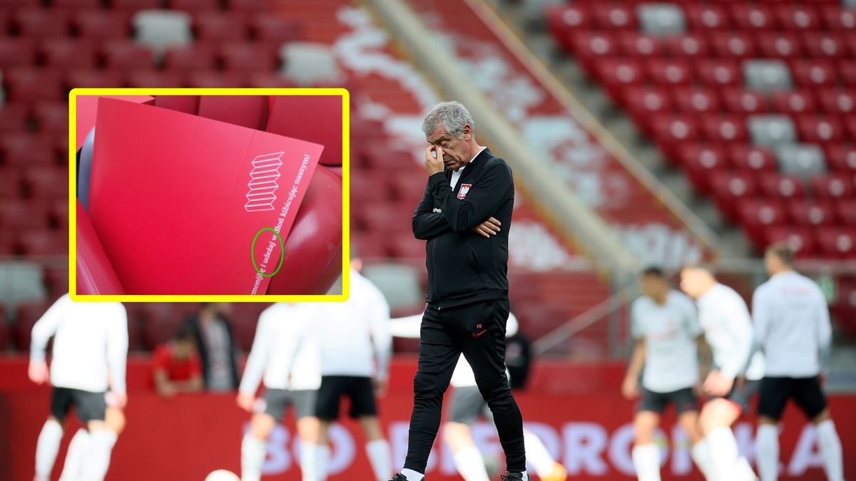 Materiały prasowe / WP SportoweFakty / Na dużym zdjęciu: trener reprezentacji Polski, Fernando Santos (PAP/Leszek Szymański), w prostokącie: klaskacz z błędem ortograficznym (Twitter/Łączy nas piłka)