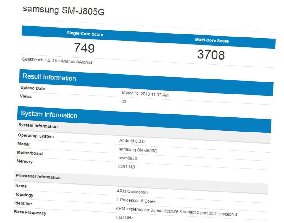 Samsung Galaxy J8 Plus w bazie Geekbench