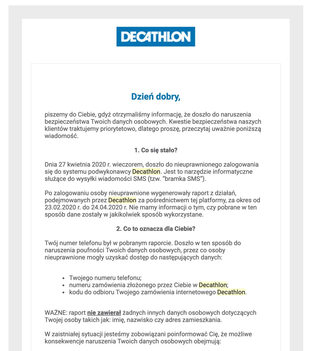 Decathlon przeprasza za wyciek danych, fot. Niebezpiecznik.