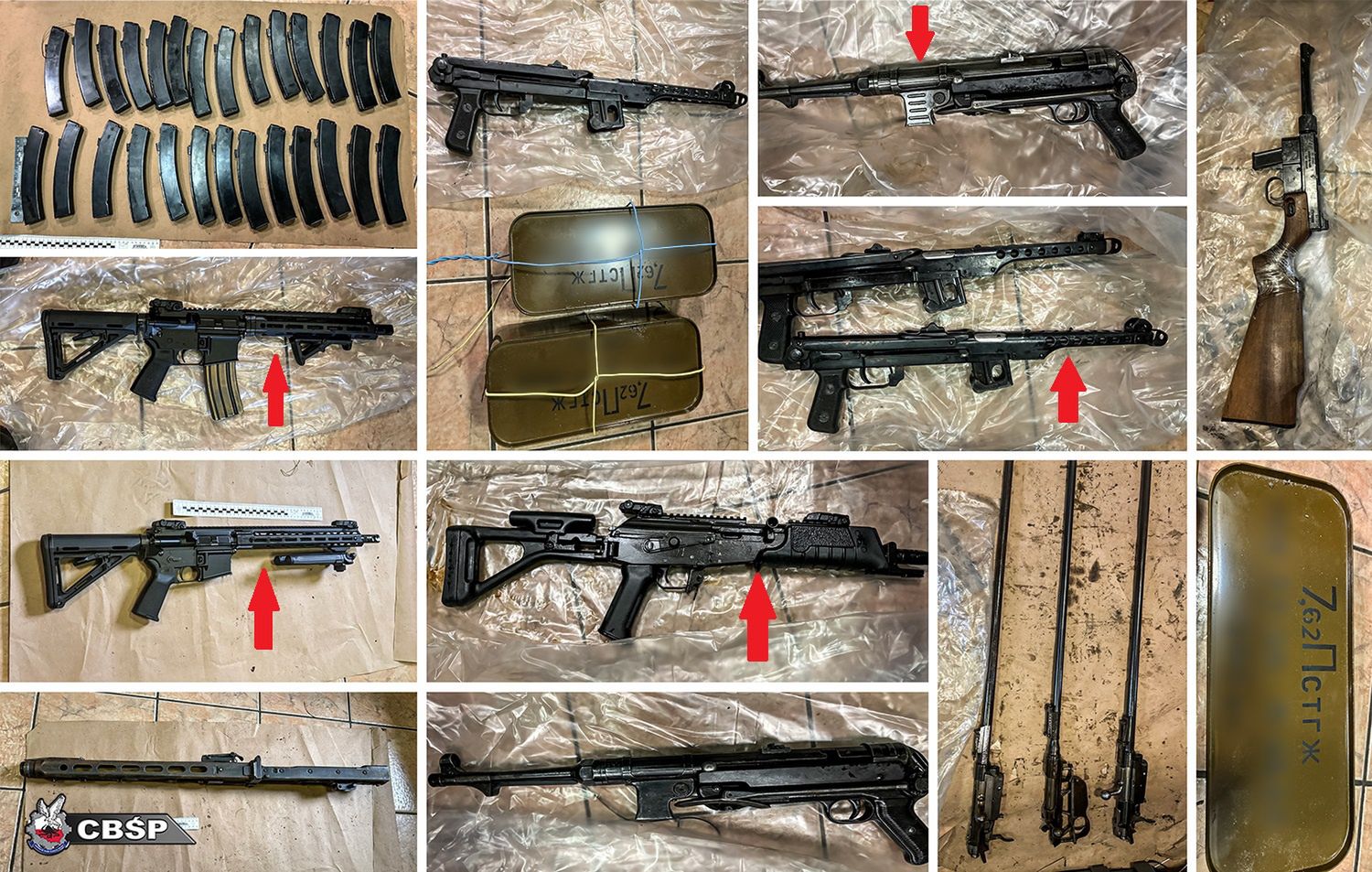 Broń zabezpieczona przez funkcjonariuszy CBŚP obejmuje m.in. karabinki AR-15, Galil MAR, czy pistolety maszynowe PPS bądź MP 40.