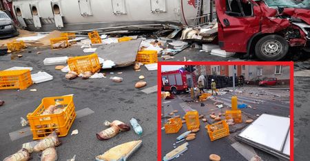 Zderzenie cysterny z dostawczakiem. Cała ulica została zasypana