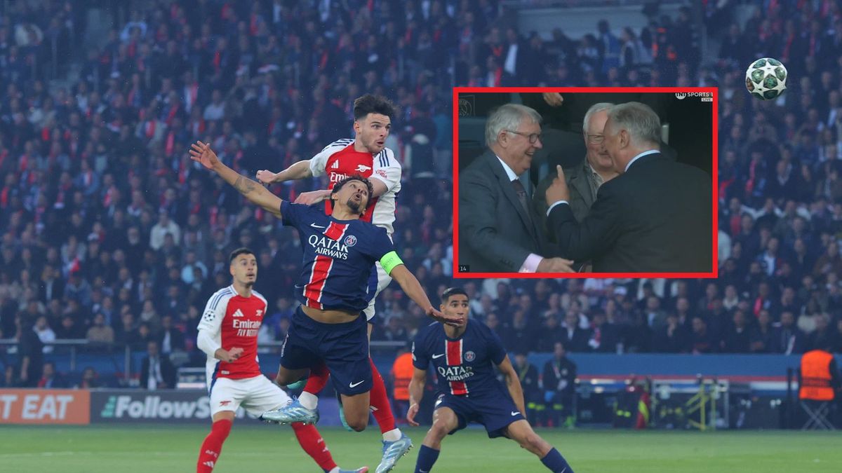 Getty Images / James Gill - Danehouse/Getty Images/x.com/footballontnt / Na zdjęciu: fragment meczu LM PSG-Arsenal/ w ramce: Sir Alex Ferguson