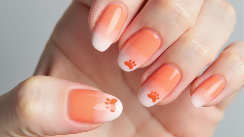 nails, ombre, paw prints, design, manicure, hand, orange, pastel, nail art, beauty, grooming, stylish, cute, creative, pet lover, aesthetic, accessories, feminine, modern, trendy, fashion, close-up, decoration, visual, personal care, detail, polish, animal, playful, artistic, warmth, adorable, manicured, summer, seasonal, fun, vibrant, decorative, color, attention, pampering, hand beauty, beauty treatment, beauty care, uniqueness, love for pets, playful design, delicate