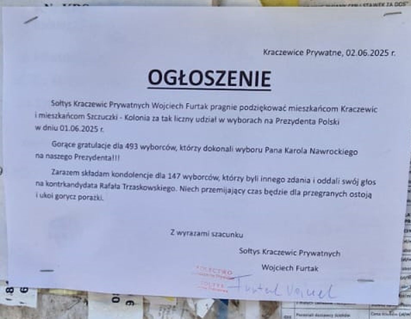 Ogłoszenie wywieszone przez sołtysa Kraczewic Prywatnych