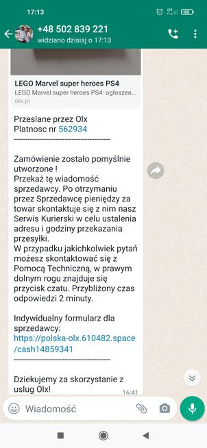 Wiadomość z fałszywym linkiem na WhatsAppie