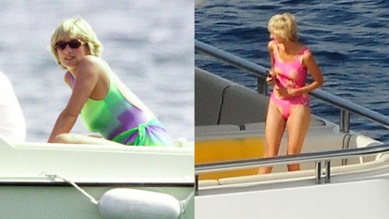 Po lewej księżna Diana na wakacjach; po prawej Elizabeth Debicki na planie "The Crown"