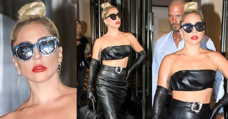 Przejęta Lady Gaga odsłania brzuch w skórzanej stylizacji