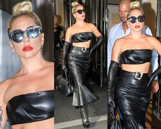 Przejęta Lady Gaga odsłania brzuch w skórzanej stylizacji