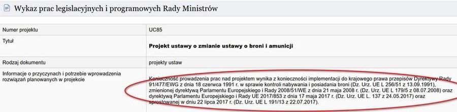 Opis projektu ustawy o broni i amunicji
