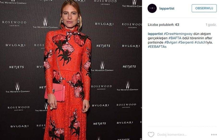 Dree Hemingway w sukni Erdem, BAFTA 2016 (fot. Instagram)