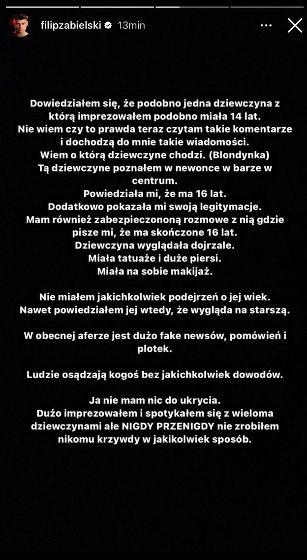 Filip Zabielski reaguje na "aferę youtubowową". Tiktoker wydał oświadczenie: "Wiele dziewczyn PCHAŁO MI SIĘ DO ŁÓŻKA"