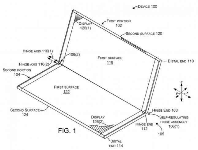 Szkic uzupełniający wniosek patentowy Microsoft, który dotyczy urządzenia ze składanym ekranem
