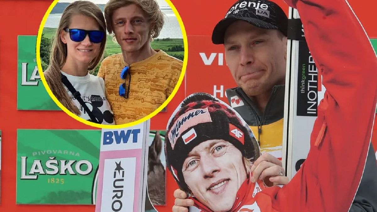 Na zdjęciu: Anze Lanisek, w kółku: Marta i Dawid Kubaccy