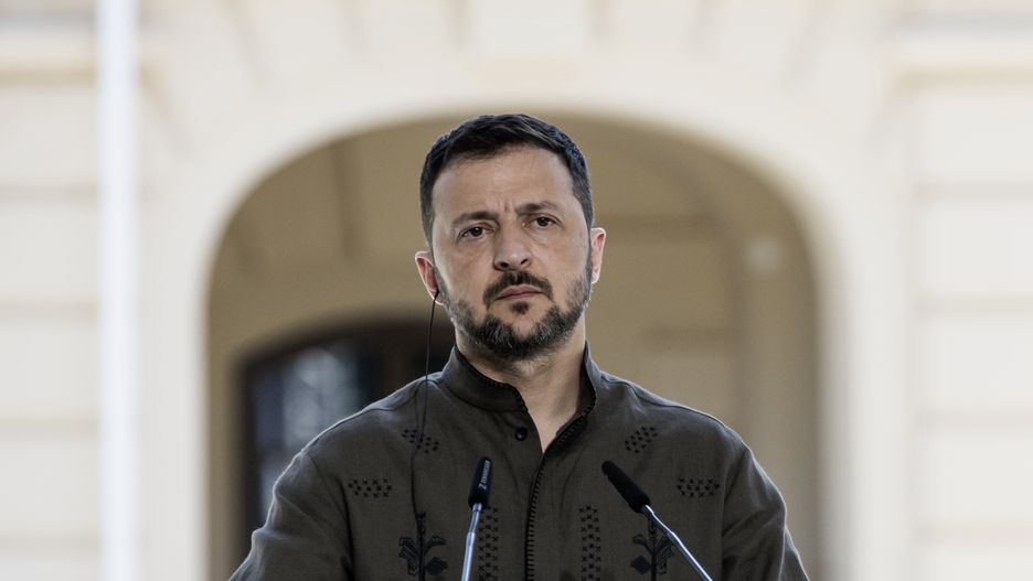 Ukrainian President Volodymyr Zelenskiy speaks during a joint press conference with Polish President Andrzej Duda and Lithuanian Prime Minister Ingrida Simonyte in Kyiv, Ukraine, on August 24, 2024 (Photo by Maxym Marusenko/NurPhoto via Getty Images).