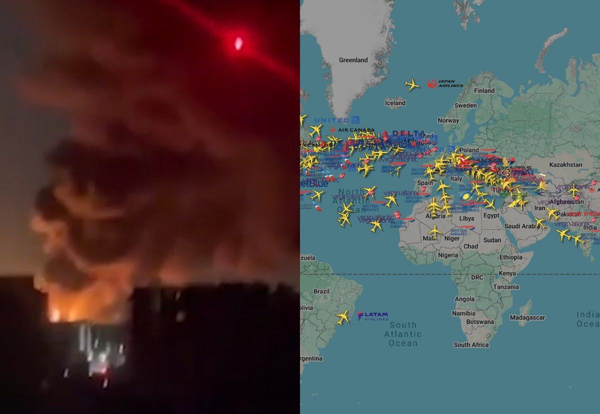 Po lewej kadr z wideo z wybuchu pożaru, po prawej mapa lotów na Heathrow 