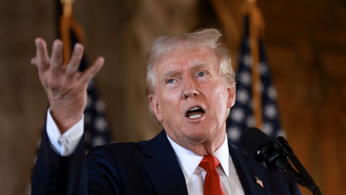 Republican Presidential Nominee Donald Trump Speaks To The Press In Palm Beach, Florida
PALM BEACH, FLORIDA - AUGUST 08: Republican presidential candidate former President Donald Trump speaks during a press conference at Mr. Trump's Mar-a-Lago estate on August 08, 2024, in Palm Beach, Florida. Polls currently show a close race between Trump and Democratic presidential candidate, U.S. Vice President Kamala Harris.  (Photo by Joe Raedle/Getty Images)
Joe Raedle