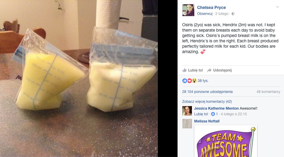 Chelsea opublikowała zdjęcie mleka, które różniło się kolorem