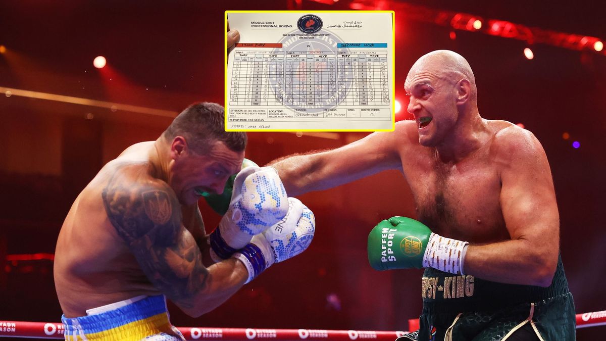 Getty Images / Richard Pelham / Na zdjęciu: Ołeksandr Usyk i Tyson Fury, w ramce: karta punktowa z walki Usyk vs. Fury