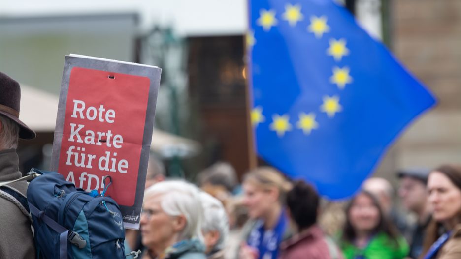 Hundreds of people are taking part in a demonstration against AfD ahead of the upcoming European elections in Wuppertal, Germany, on April 27, 2024. (Photo by Ying Tang/NurPhoto via Getty Images)