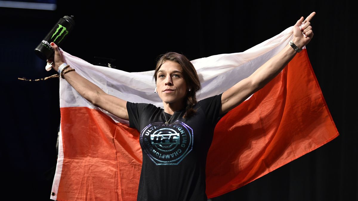 LAS VEGAS, NEVADA - MARCH 06: Joanna Jedrzejczyk of Poland poses on the stage during the UFC 248 weigh-in at T-Mobile Arena on March 06, 2020 in Las Vegas, Nevada. (Photo by Chris Unger/Zuffa LLC)