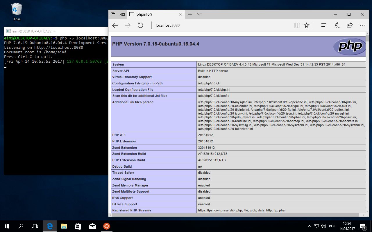 Linux w służebnej roli: wbudowany w php serwer i strona wyświetlana w Edge