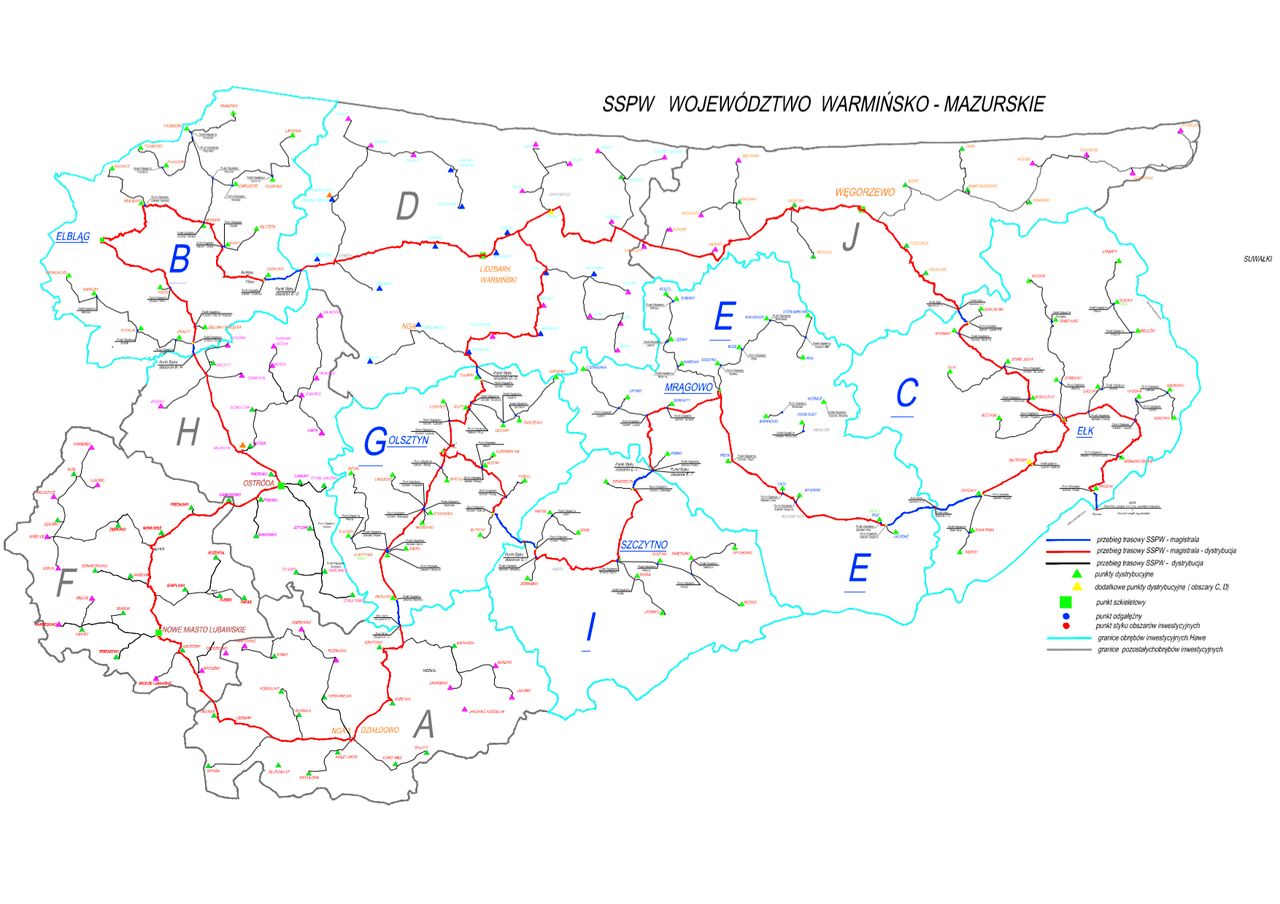 Mapa sieci szkieletowej z podziałem na obszary inwestycyjne