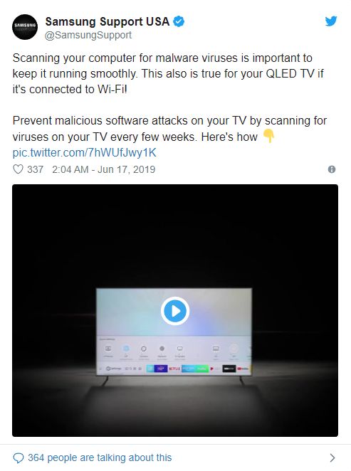 Zrzut ekranu wpisu na Twitterze zalecającego regularne skanowanie telewizora. Później wpis ten został usunięty. Źródło: The Verge.