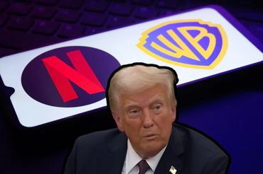 Donald Trump na tle smartfona z logami Netfliksa i Warner Bros.