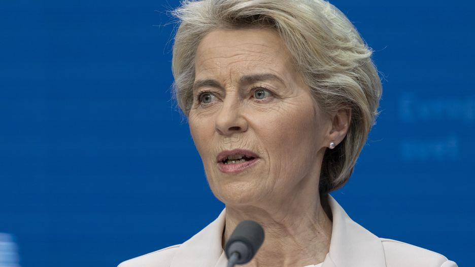Ursula von der Leyen President of the European Commission as seen speaking at a joint press conference with Charles Michel president of the EUCO and Volodymyr Oleksandrovych Zelenskyy President of Ukraine. The president is doing statements and answering questions from journalists from international media, after the meeting with the European Leaders heads of states. All three of them chanted ''Slava Ukraini'' translated as Glory to Ukraine, the national Ukrainian salute known as symbol of Ukrainian sovereignty and resistance to foreign aggression. Ukrainian President Zelenskiy attends the EU Leaders Summit, the European Council at the headquarters in Brussels. Zelensky pleads to the allies to deliver combat fighter jet planes to Ukraine. His presence in Brussels was followed after a short trip in London and Paris. Brussels,  Belgium on February 9, 2023 (Photo by Nicolas Economou/NurPhoto via Getty Images)