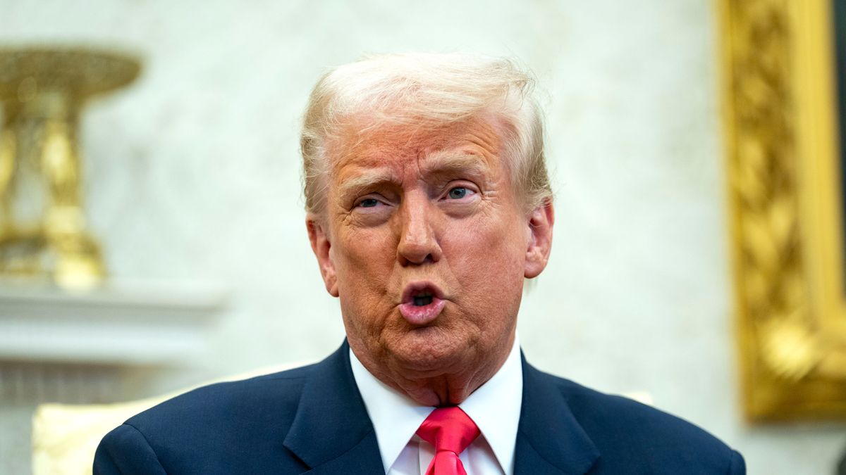 US President Donald Trump speaks during a meeting with Michael Martin, Ireland's prime minister, not pictured, in the Oval Office of the White House in Washington, DC, US, on Wednesday, March 12, 2025. The Irish prime minister is in Washington today meeting with lawmakers, a bipartisan St. Patrick's Day tradition. Photographer: Bonnie Cash/UPI/Bloomberg via Getty Images