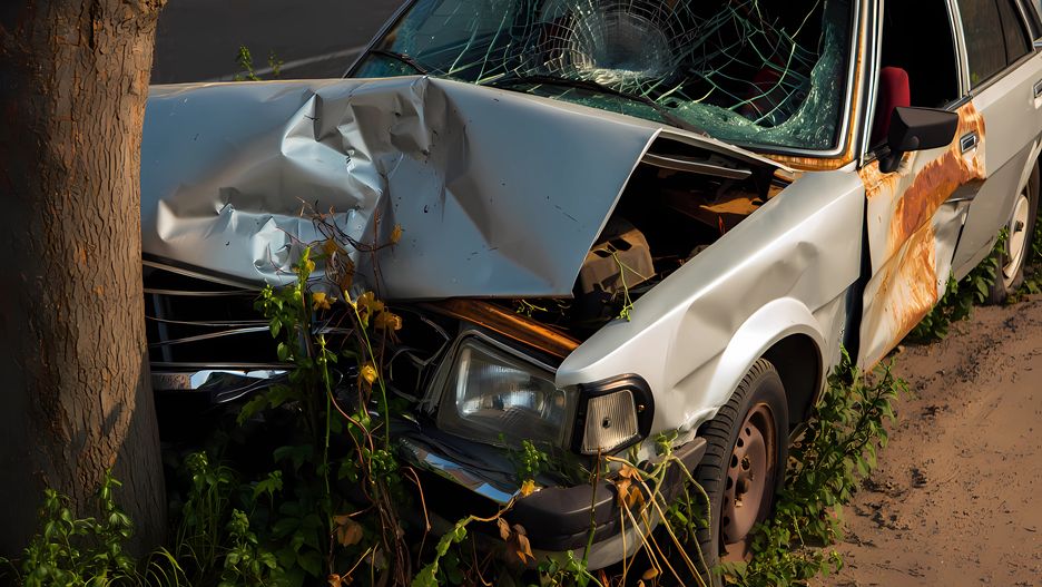 car, damaged car, car accident, tree, crash, collision, accident, wrecked car, vehicle damage, side impact, impact damage, metal damage, rusted car, abandoned car, roadside, nature, grass, outdoor, daytime, natural light, side view, close up, environmental damage, derelict vehicle, junkyard, junk car, insurance claim, auto repair, accident scene, totaled car, vehicle accident, traffic accident, roadside accident, car wreck, broken car, damaged vehicle, collision damage, environmental impact, waste, disposal