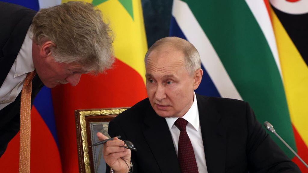President Putin Of Russia Meets With African Leaders
SAINT PETERSBURG, RUSSIA - JUNE 17: (RUSSIA OUT) Russian President Vladimir Putin (R) talks to his press secretary Dmitry Peskov (L) during his meeting with African leaders at the Konstantin Palace in Strelna on June 17, 2023 in Saint Petersburg, Russia. A delegation of African leaders, including South African President Cyril Ramaphosa, Senegalese President Macky Sall, and representatives of Comoros, Congo, Egypt, Uganda and Zambia, met with President Putin in Saint Petersburg, a day after their meeting with Ukrainian President Volodymyr Zelensky as part of their mission to try a broker peace talks between Moscow and Kyiv. (Photo by Contributor/Getty Images)
Contributor