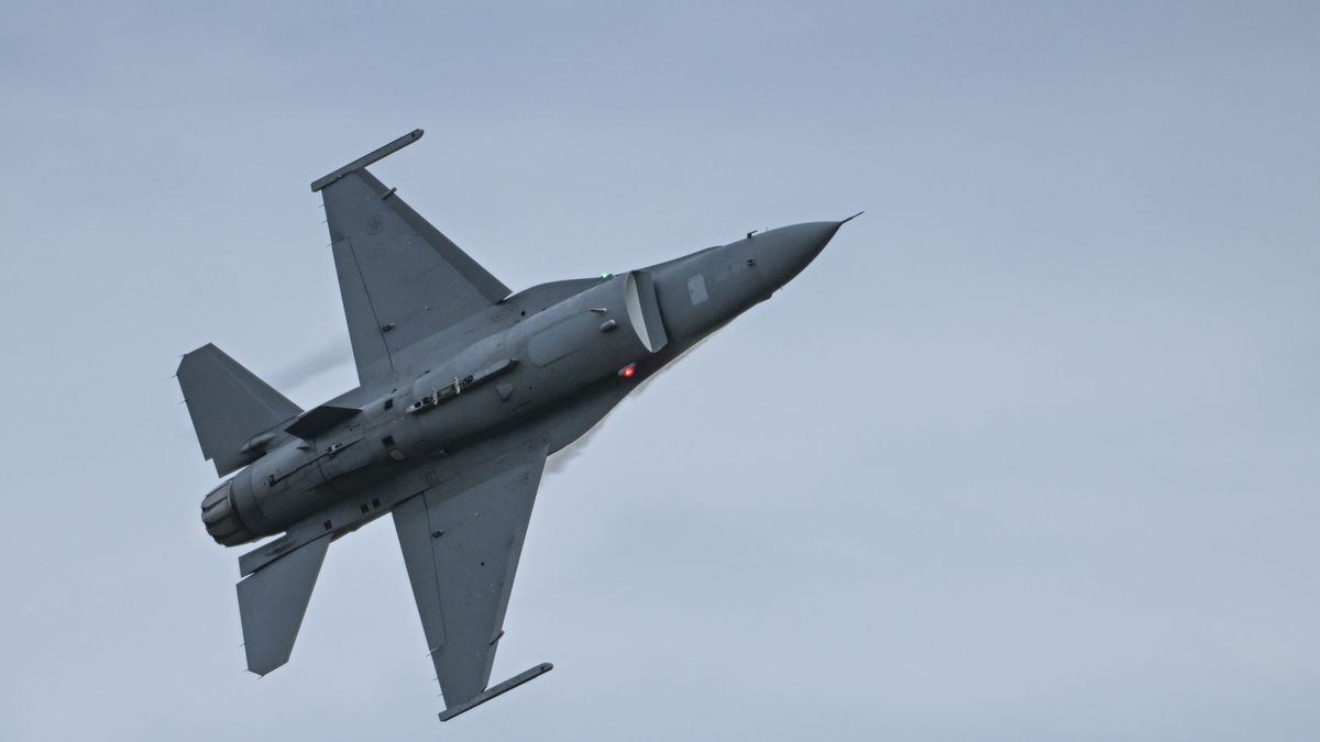 MOSNOV, CZECH REPUBLIC - SEPTEMBER 20: A Slovak Air Force F-16 Fighting Falcon jet, climbing steeply into the sky during an aerial display on the final day of NATO Days at Leos Janacek Airport in Mosnov, Czech Republic, on September 20, 2026. (Photo by Artur Widak/NurPhoto via Getty Images)